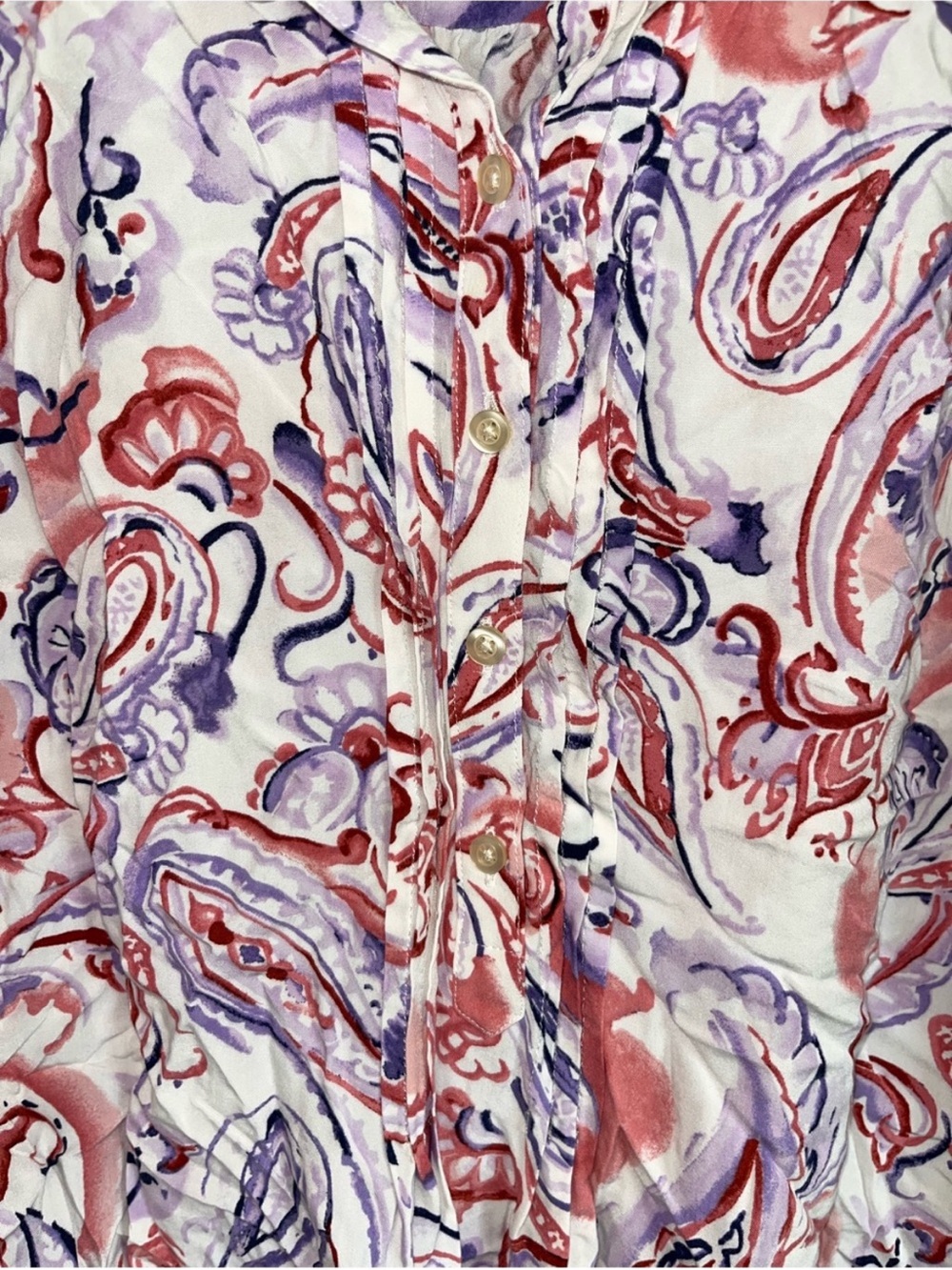Talbots Large Watercolor Paisley Ruffle Button Front Blouse Pink Purple - Picture 4 of 6